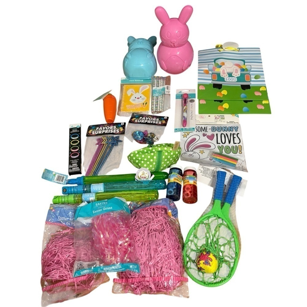Easter Bunny Surprise Toy Set - Pink and Blue NEW Grass Wand Rings Gift Bag